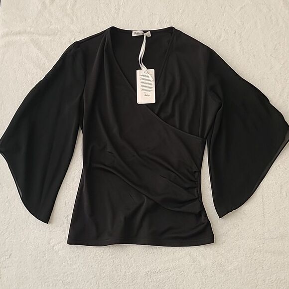 Grace Karin NWT Black Wrap Blouse 3/4 Cut Out Bell Sleeves Small Ruched Top - Picture 2 of 7